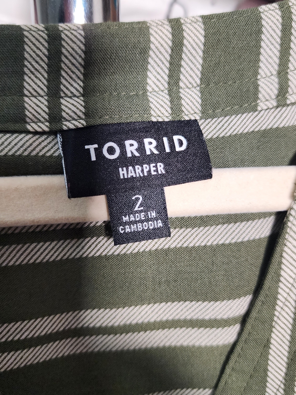 Torrid Harper Blouse Size 2 Olive Green White Striped Short Sleeve - Picture 4 of 5